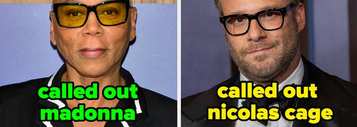 Two separate photos: RuPaul in a striped suit, Seth Rogen in a classic suit; both captioned with "called out" phrases