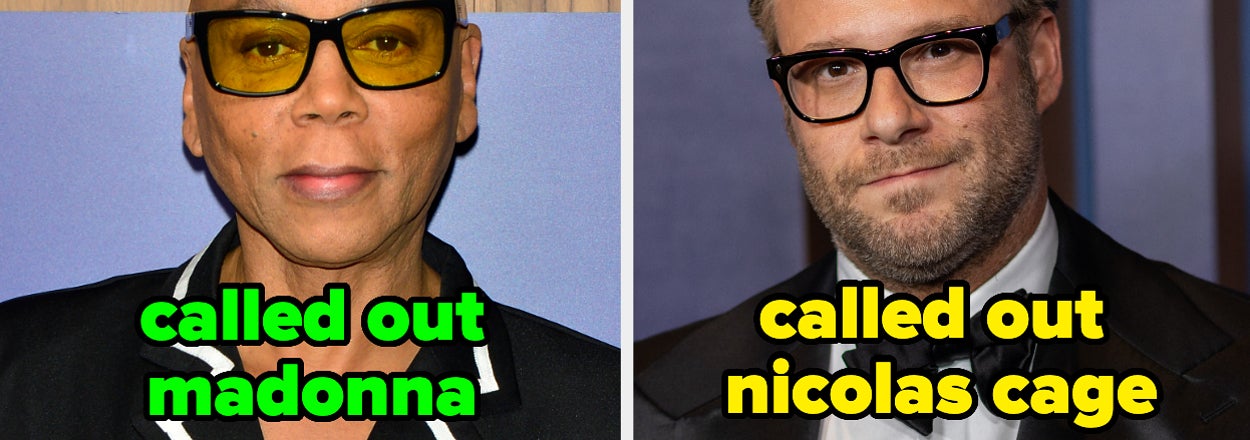 Two separate photos: RuPaul in a striped suit, Seth Rogen in a classic suit; both captioned with "called out" phrases
