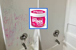 Product image of The Pink Stuff cleaner against a background showing a wall with scribbles, demonstrating its use for cleaning