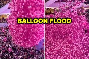 A crowd celebrates as a multitude of pink balloons are released indoors