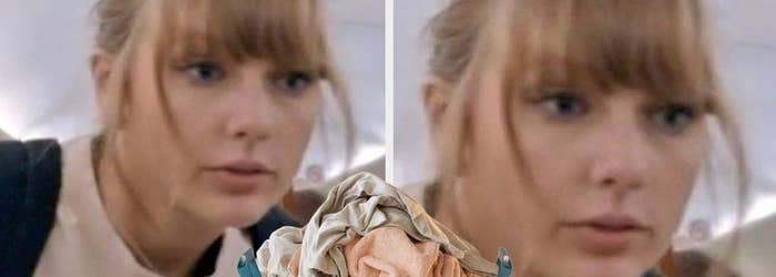 Taylor Swift looking surprised at a laundry basket superimposed onto a scene