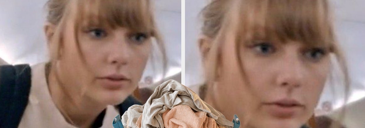 Taylor Swift looking surprised at a laundry basket superimposed onto a scene