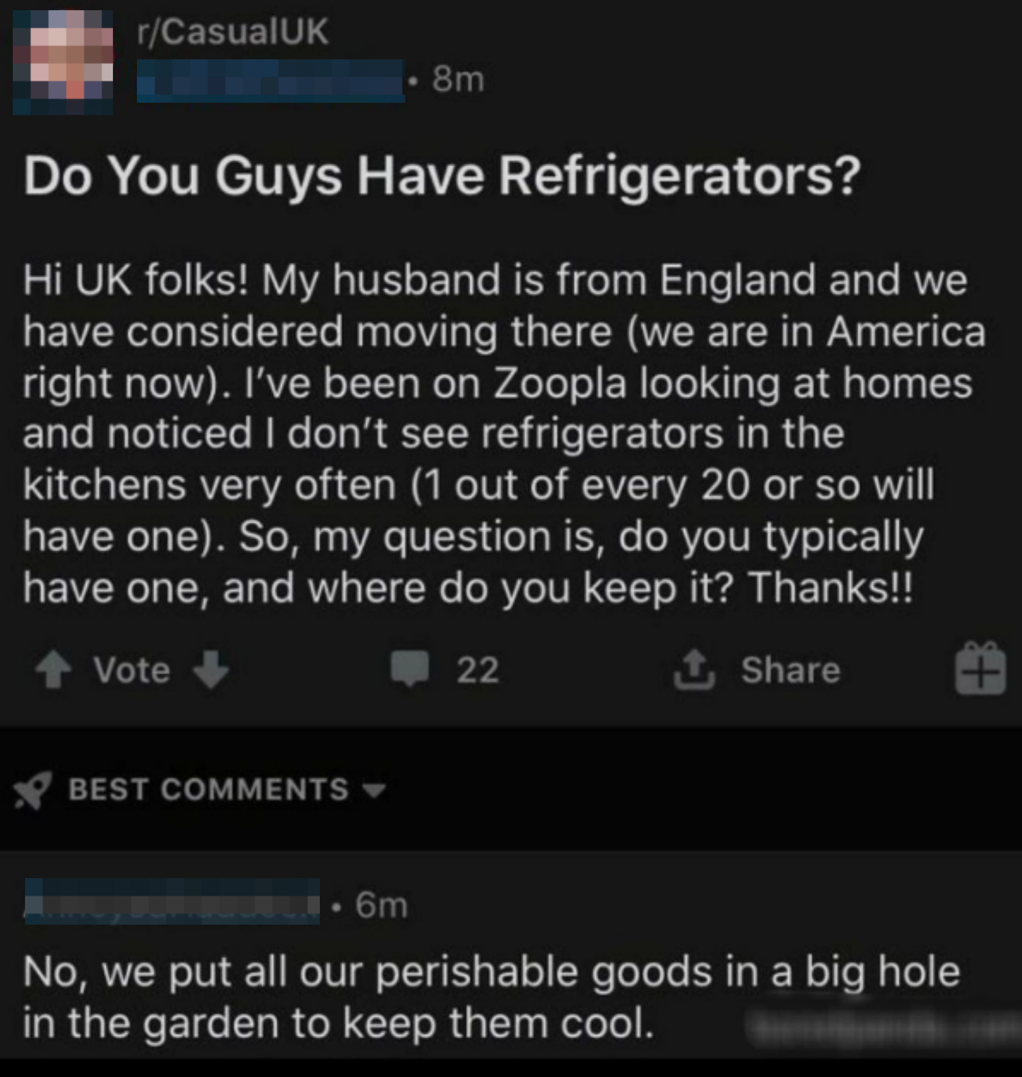Reddit post asking about refrigerator placement in UK kitchens, with various user comments engaging in the discussion