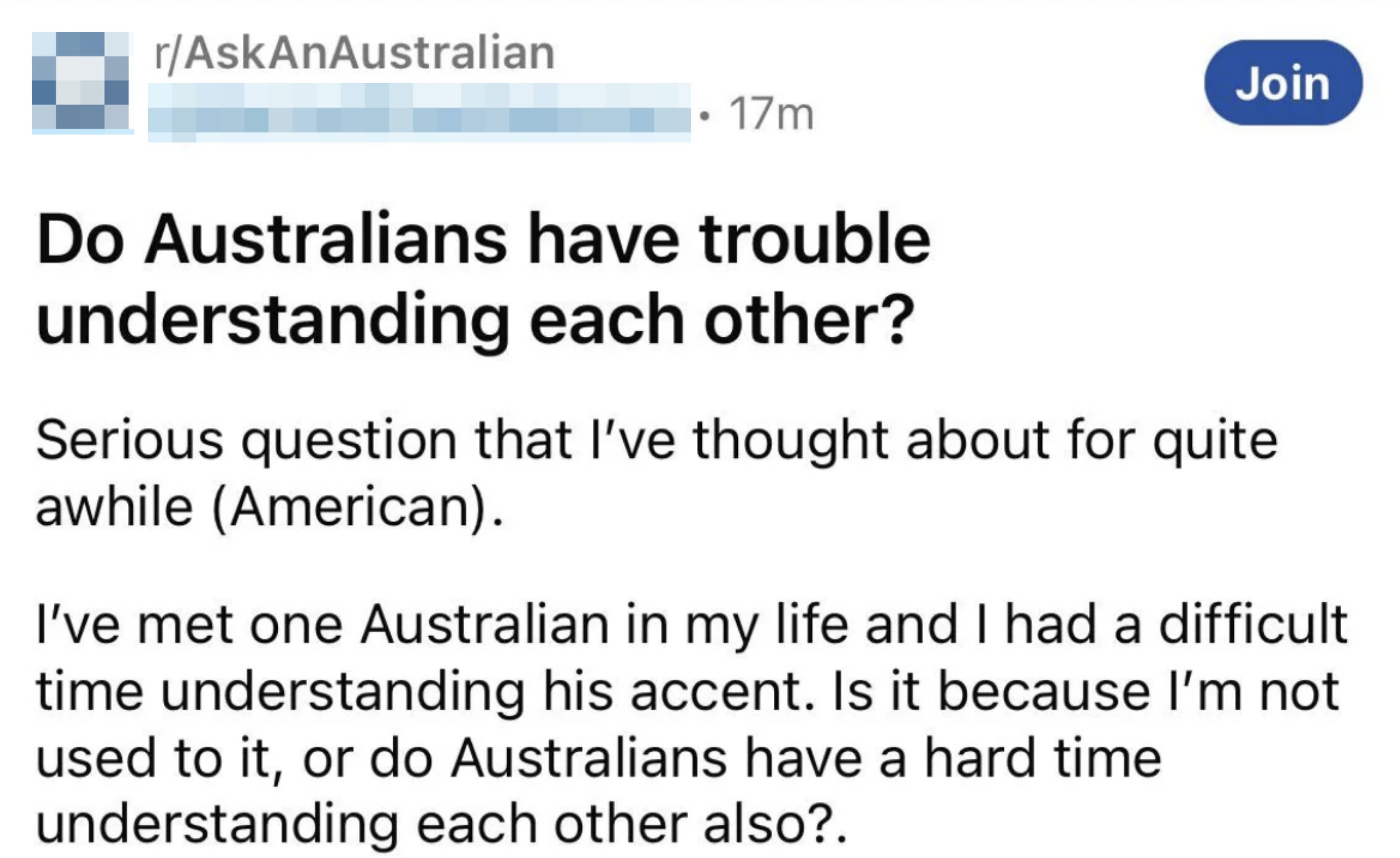 Reddit post asking if Australians have trouble understanding Americans, with a personal anecdote shared
