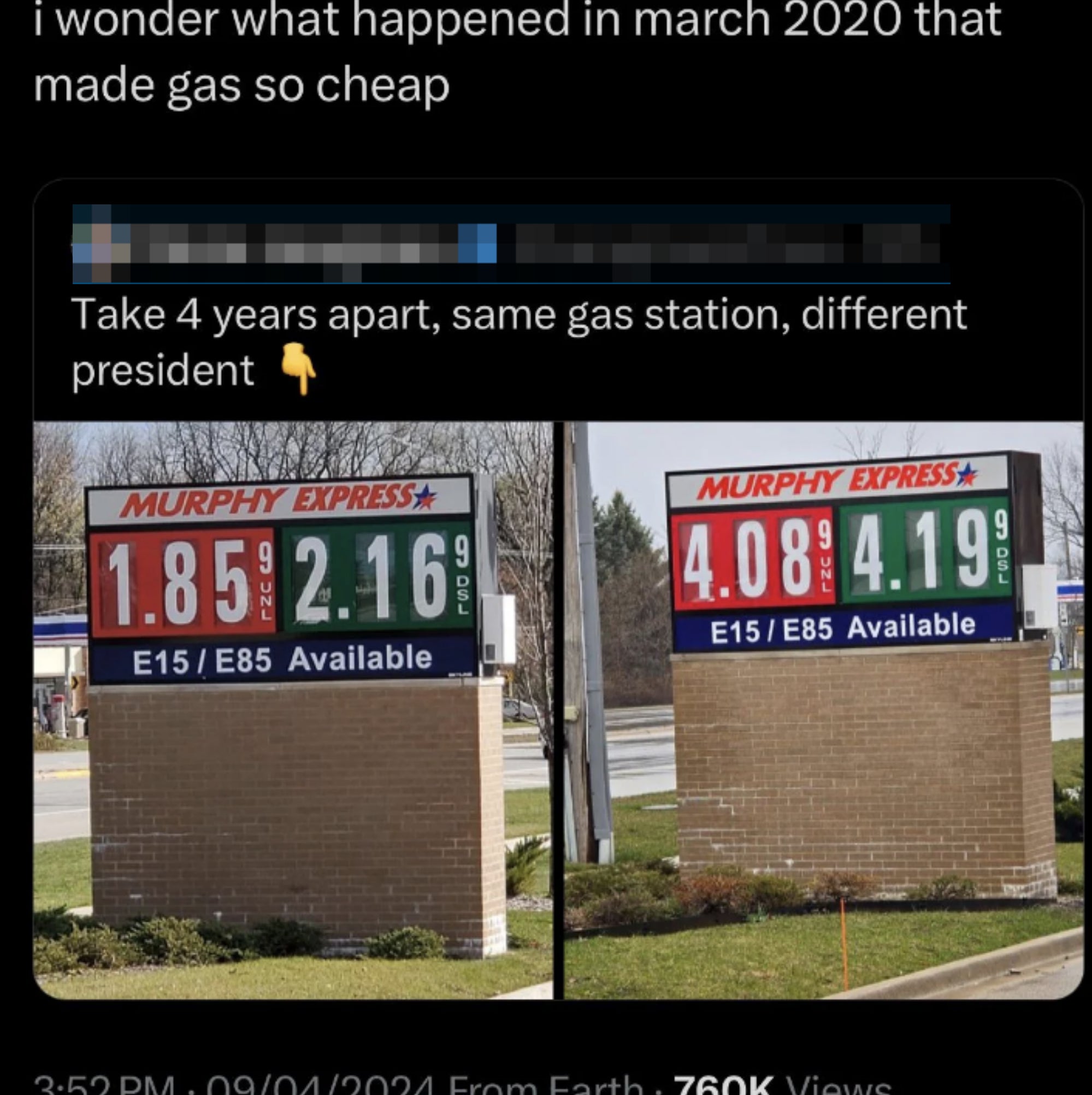 A tweet contrasting gas prices with photos of a gas station sign showing lower prices in 2020 compared to higher prices in 2022