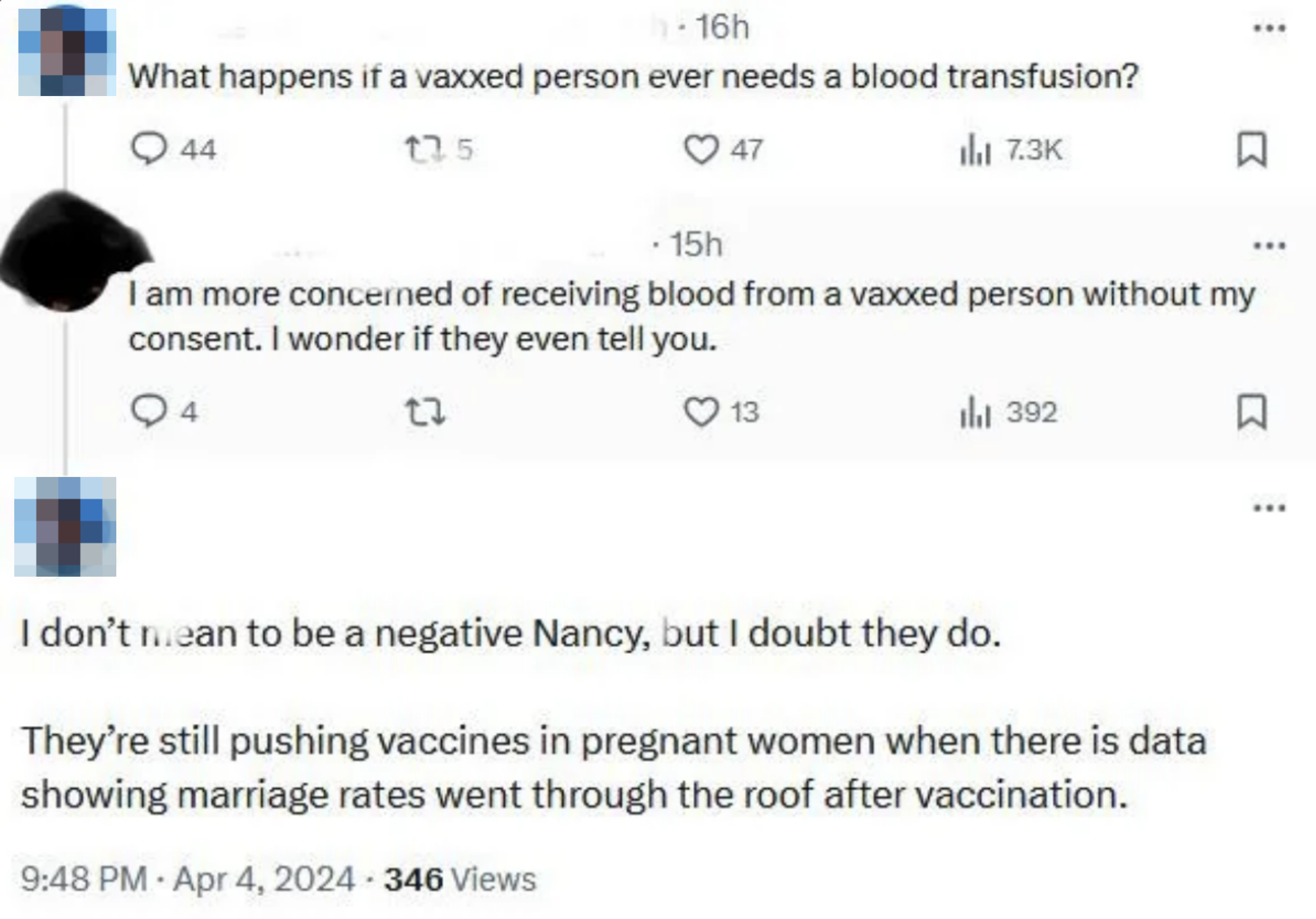 A screenshot of social media posts where users discuss their concerns about receiving blood from vaccinated individuals