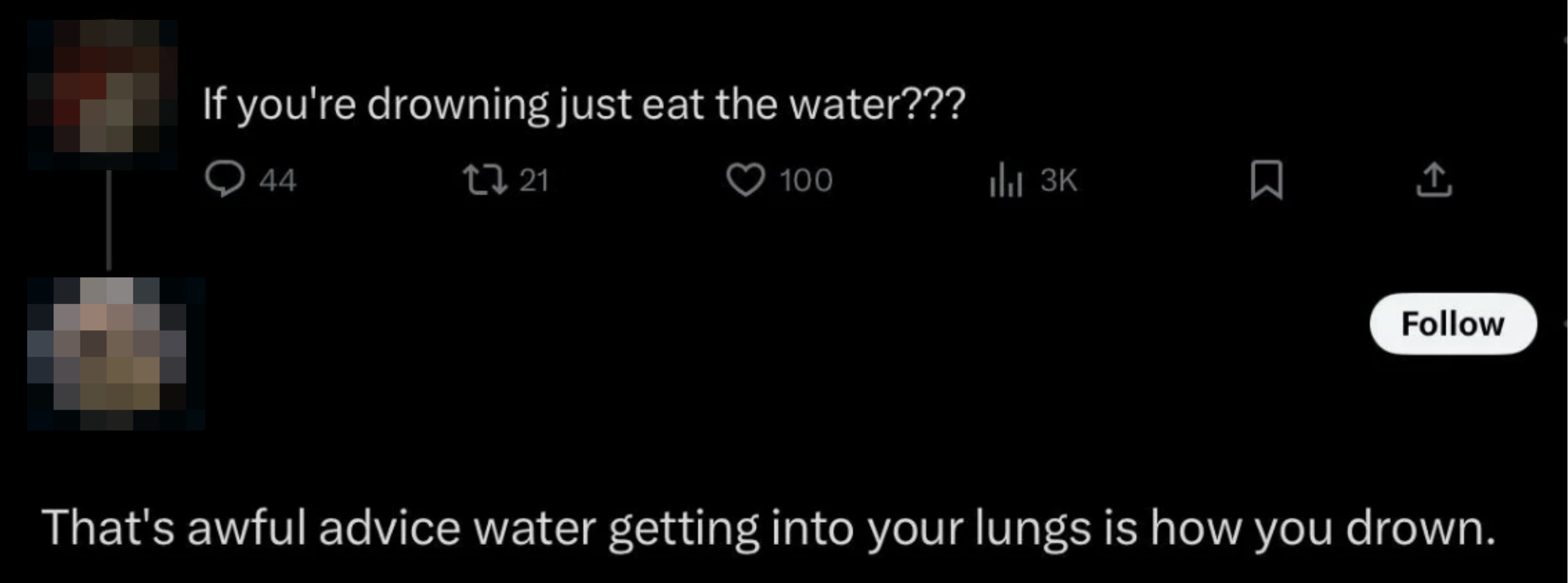 Social media screenshot: Top text is a humorous question about eating water to avoid drowning; response explains the danger of water in lungs