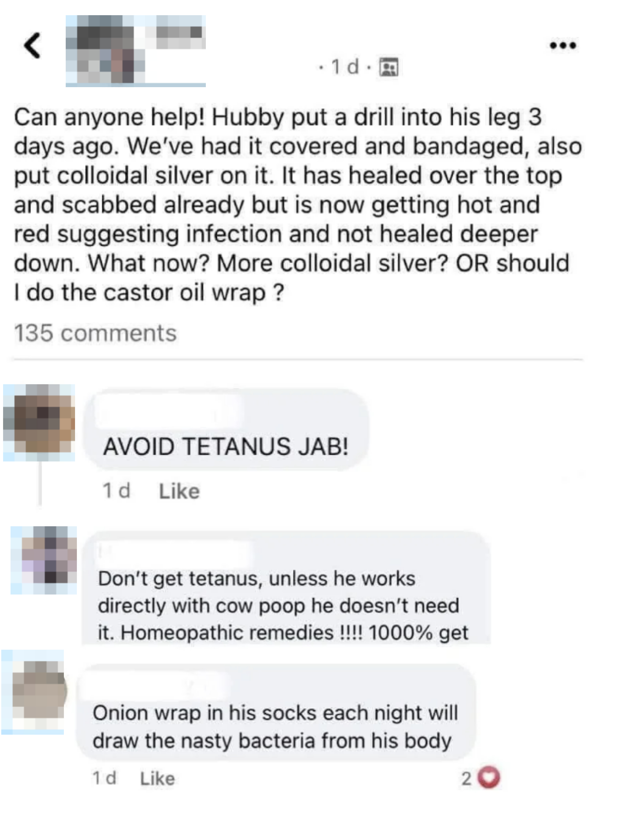 The image shows a social media post where a user seeks advice on treating a leg wound, followed by various comments suggesting remedies