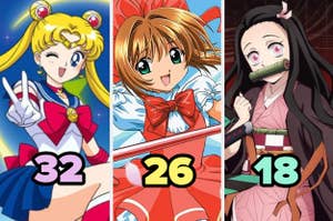 Tres personajes de anime: Sailor Moon, Sakura Card Captor y Nezuko de Demon Slayer, con números de edad ficticios