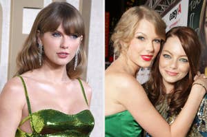 Taylor Swift in a sequined dress and Emma Stone in an embellished outfit pose together