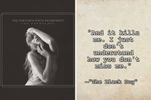 Taylor Swift on the cover of "The Tortured Poets Department: The Anthology" on the left, Quote from a song by "The Black Dog" on the right