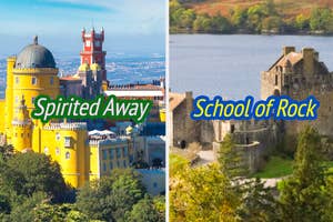 Split image: Left, Pena Palace with 'Spirited Away' text; right, a castle ruin by a lake with 'School of Rock' text