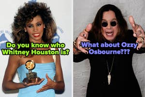 On the left, Whitney Houston holding a Grammy labeled do you know who Whitney Houston is, and on the right: Ozzy Osbourne posing with a hand gesture labeled what about Ozzy Osbourne