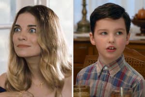 On the left, Alexis from Schitt's Creek, and on the right, young Sheldon