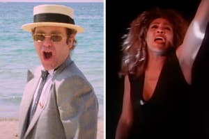 On the left, Elton John in the I'm Still Standing music video, and on the right, Tina Turner in the The Best music video