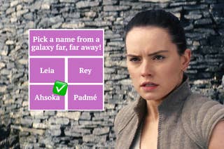 Daisy Ridley as Rey with a focused expression, stone wall background from the movie Star Wars. Words 