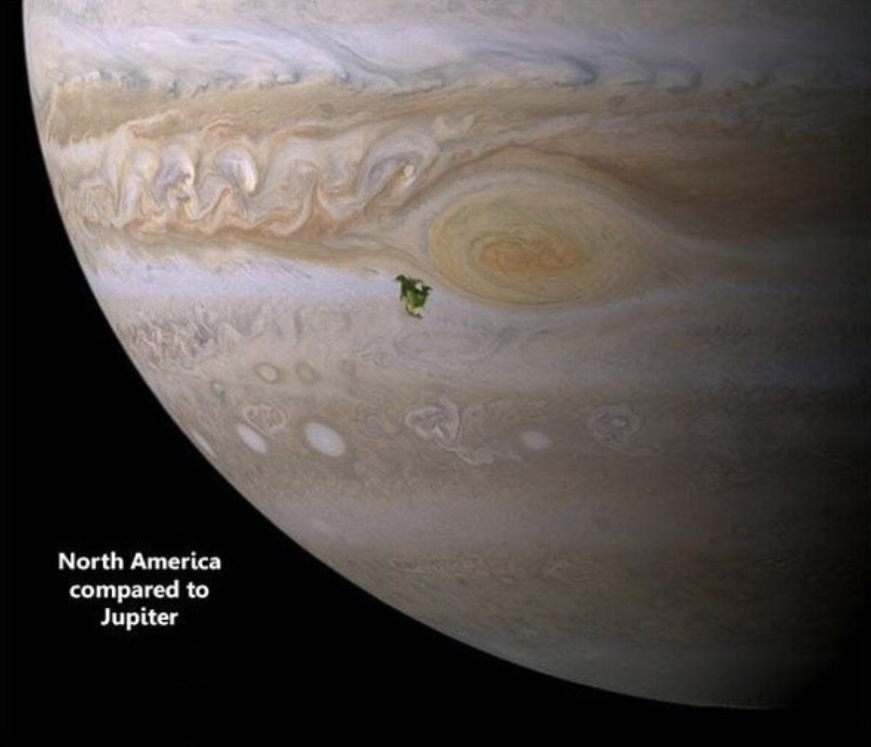 Illustration showing North America&#x27;s size contrasted with Jupiter and the Great Red Spot