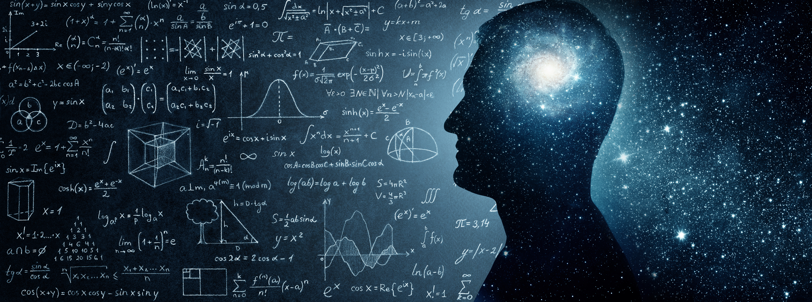 Silhouette of a person&#x27;s head with mathematical and scientific symbols on a cosmic background, symbolizing complex thought