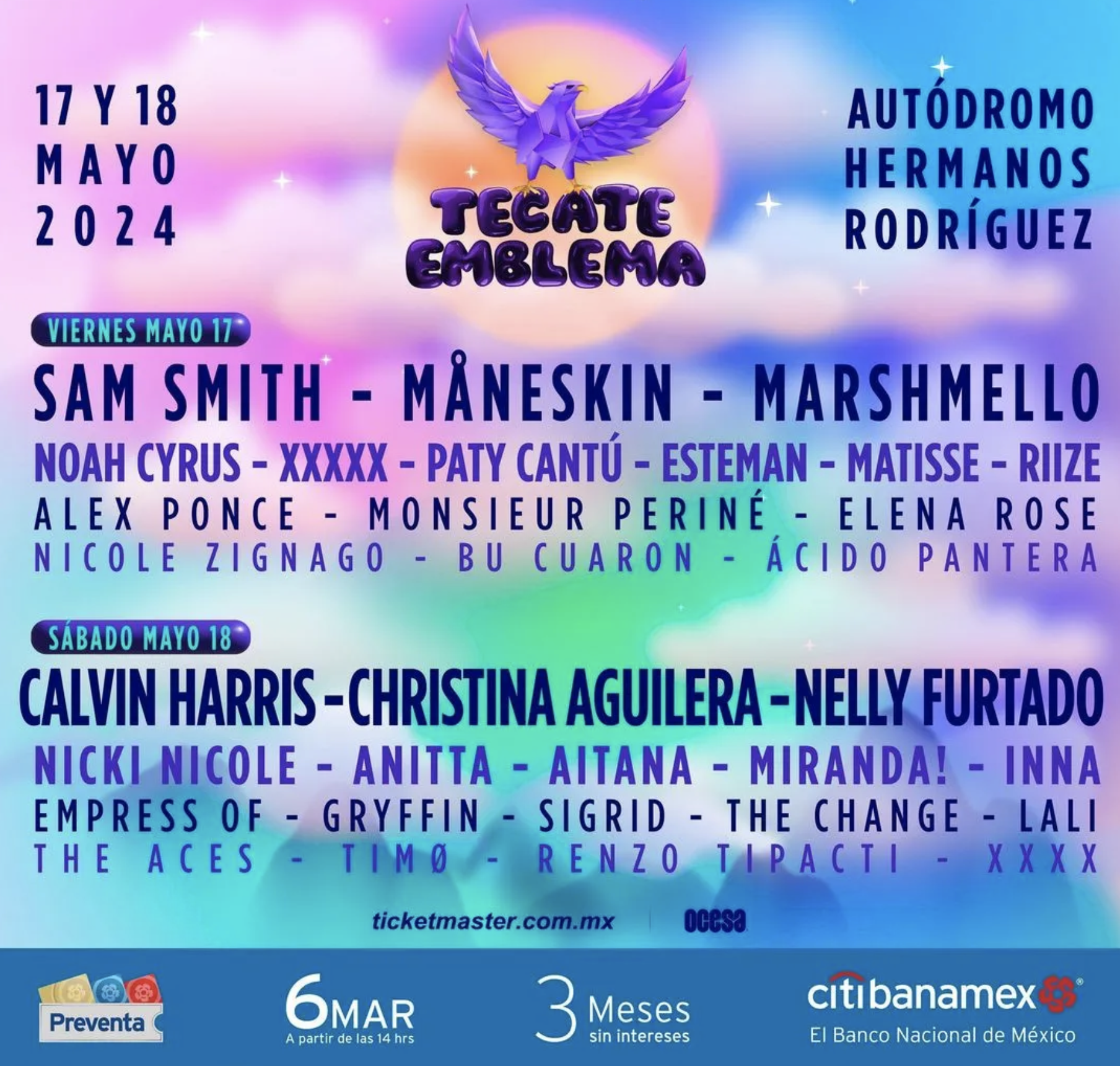 Cartel de concierto Tecate Emblema con artistas como Sam Smith, Christina Aguilera y Nelly Furtado para el 17 y 18 de mayo en Autódromo Hermanos Rodríguez