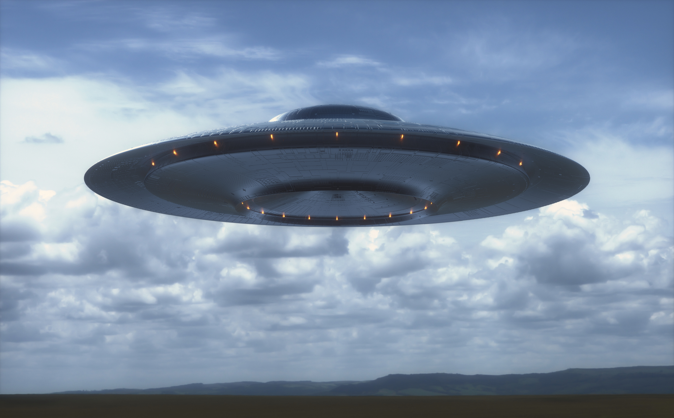 A realistic illustration of a UFO hovering under a cloudy sky