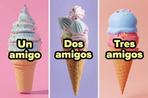 Tres conos de helado con diferentes sabores y adornos, etiquetados como "Un amigo", "Dos amigos", "Tres amigos"