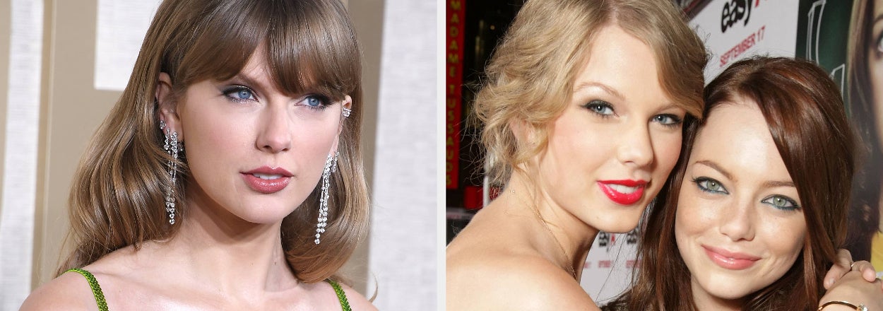 Taylor Swift in a sequined dress and Emma Stone in an embellished outfit pose together