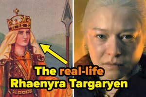 Split image with historic figure Empress Matilda and an actress portraying Rhaenyra Targaryen. Text: "The real-life Rhaenyra Targaryen."