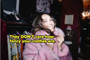 Person smiling in a boutique wearing a faux fur coat with text overlay about clothes not defining worth