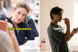 Two side-by-side photos depicting a woman looking pensive and a man practicing nasal hygiene, each labeled with their actions