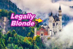 Castle on a hill with text "Legally Blonde" and an arrow pointing towards it