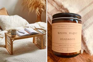 A cozy home setup with an open book on a tray beside a candle labeled "brown sugar cinnamon."