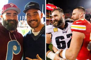 Two images side by side; left shows two bearded friends smiling, right shows a bearded football player post-game with a teammate