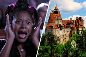 Split image: left shows character Brenda from "Scary Movie" screaming; right is Bran Castle in Romania