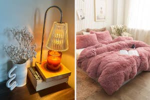 Two images side by side; the left shows a lamp and books on a nightstand, and the right features a fluffy blanket on a bed with a book