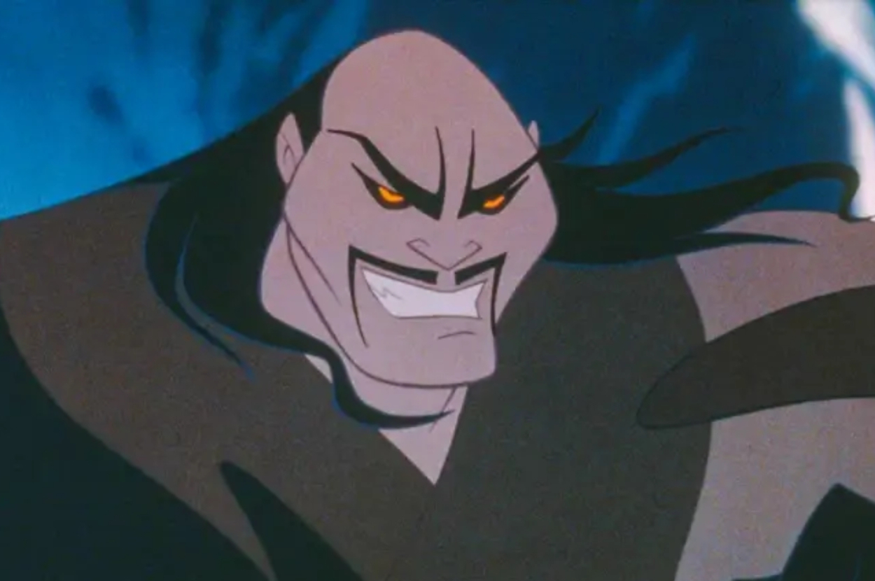 Shan Yu with a menacing expression, wearing a dark outfit.