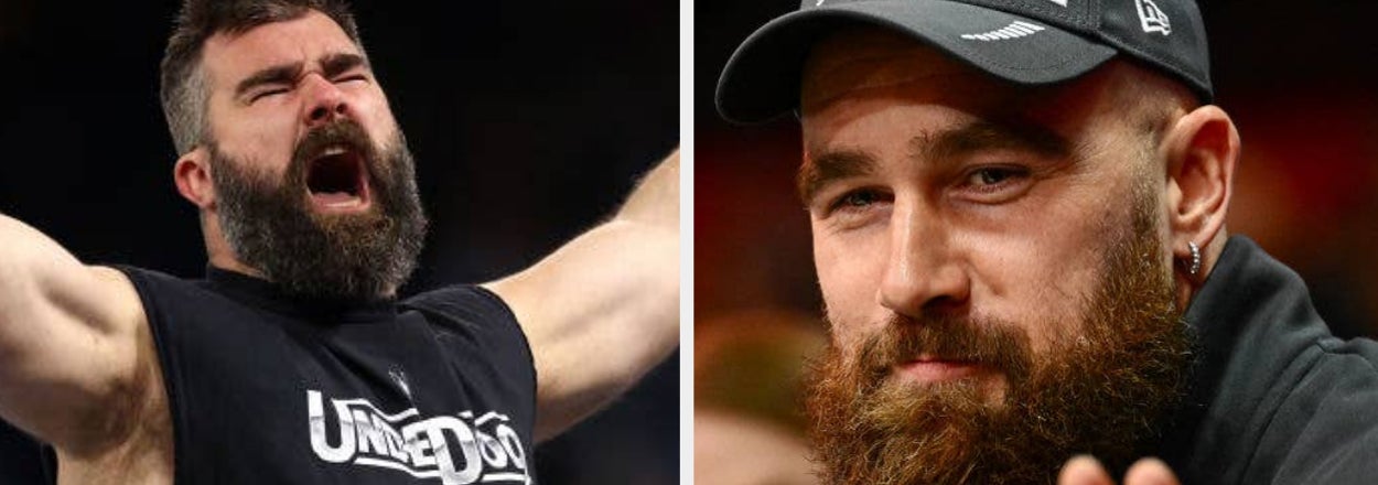 Two photos of Julian Edelman, left showing him celebrating with arms outstretched, right as he looks on with a beard