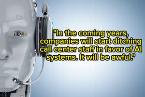 A humanoid robot with headphones, representing AI in customer service, next to a pessimistic quote about AI replacing call center staff