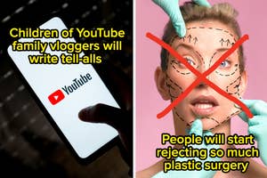 Side-by-side images: Left shows hand holding phone with YouTube and text predicting tell-alls. Right shows marked face with anti-plastic surgery symbol