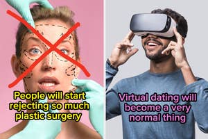 Left: Diagram of a face with plastic surgery marks and a red cross over it. Right: Person smiling, wearing VR headset