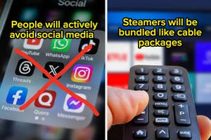 Smartphone with social media icons crossed out, suggesting social media avoidance; TV remote with text predicting bundled streaming services
