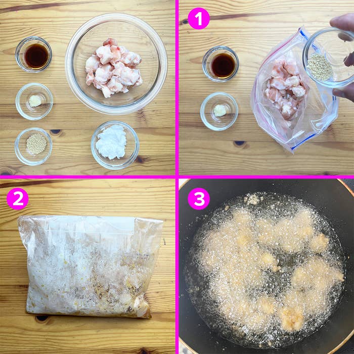 レシピの手順を示した4枚の写真。上段左は材料、右はジップロックに入れた材料。下段左は混ぜ合わせた材料、右は揚げている様子。