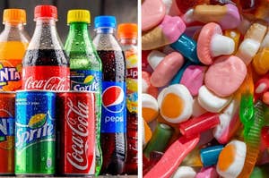 Soft drinks and lollies stand side by side in sugary glory.