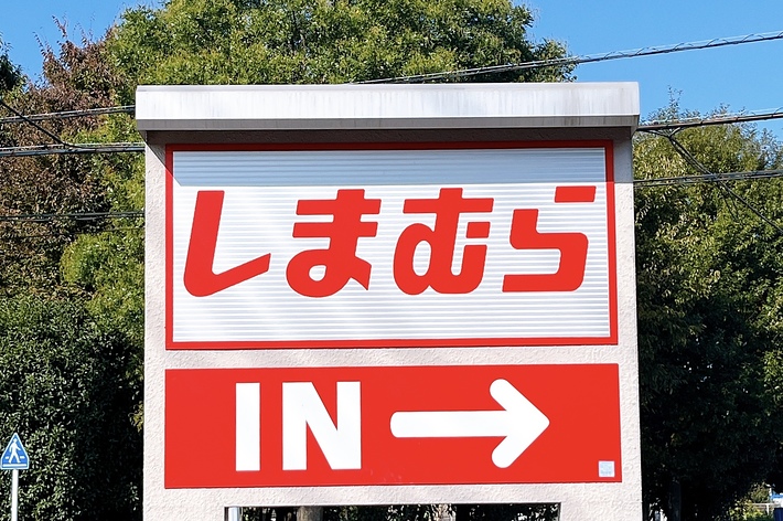 Sign with Japanese characters and “IN” with an arrow indicating direction, against a backdrop of trees and sky