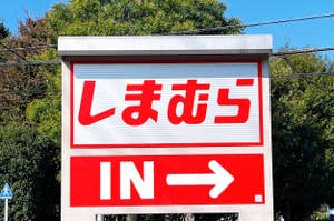 Sign with Japanese characters and "IN" with an arrow indicating direction, against a backdrop of trees and sky