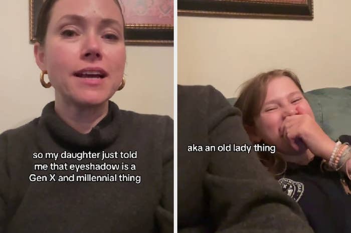 Two side-by-side photos of a woman sharing a story, with overlaid text summarizing her daughter's comment on eyeshadow