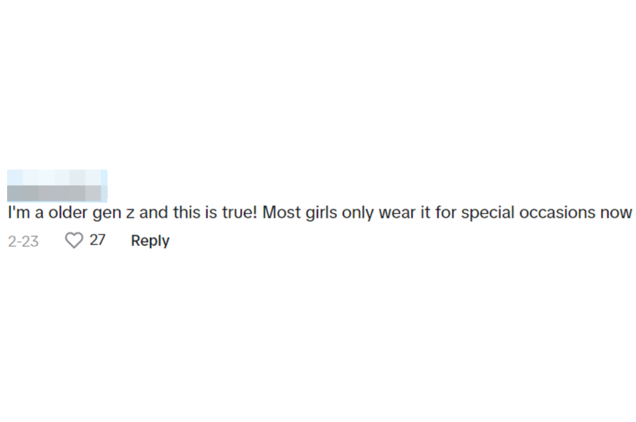 A screenshot of a social media comment discussing girls wearing dresses for special occasions only