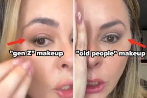 Split image comparing "gen Z" makeup style with minimal eye makeup against "old people" makeup with dramatic eyeliner and lipstick