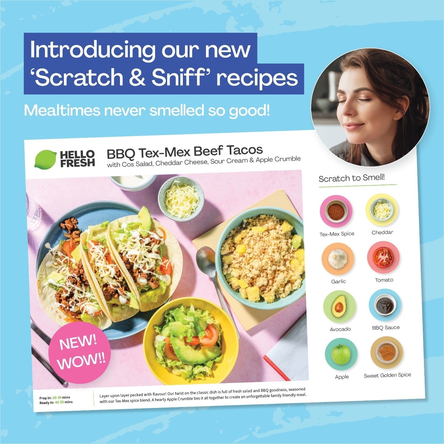 Advertisement for Hello Fresh&#x27;s scratch &amp;amp; sniff recipes with a woman smelling a taco, and various scented spots to scratch