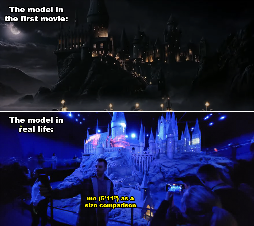 Two images comparing Hogwarts models. Top: movie version. Bottom: real-life model with a person for scale