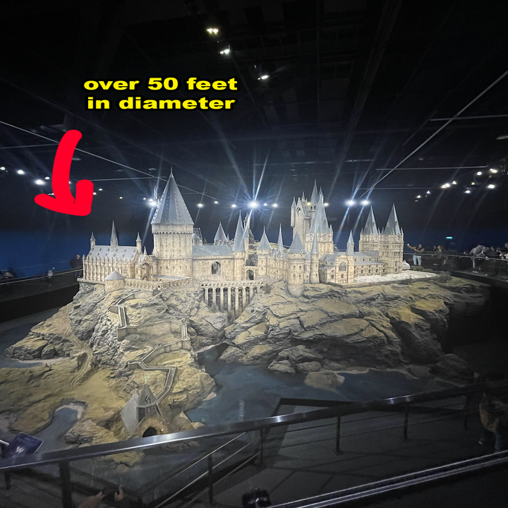 Scale model of Hogwarts Castle displayed with surrounding visitors and a label highlighting its over 50 feet diameter
